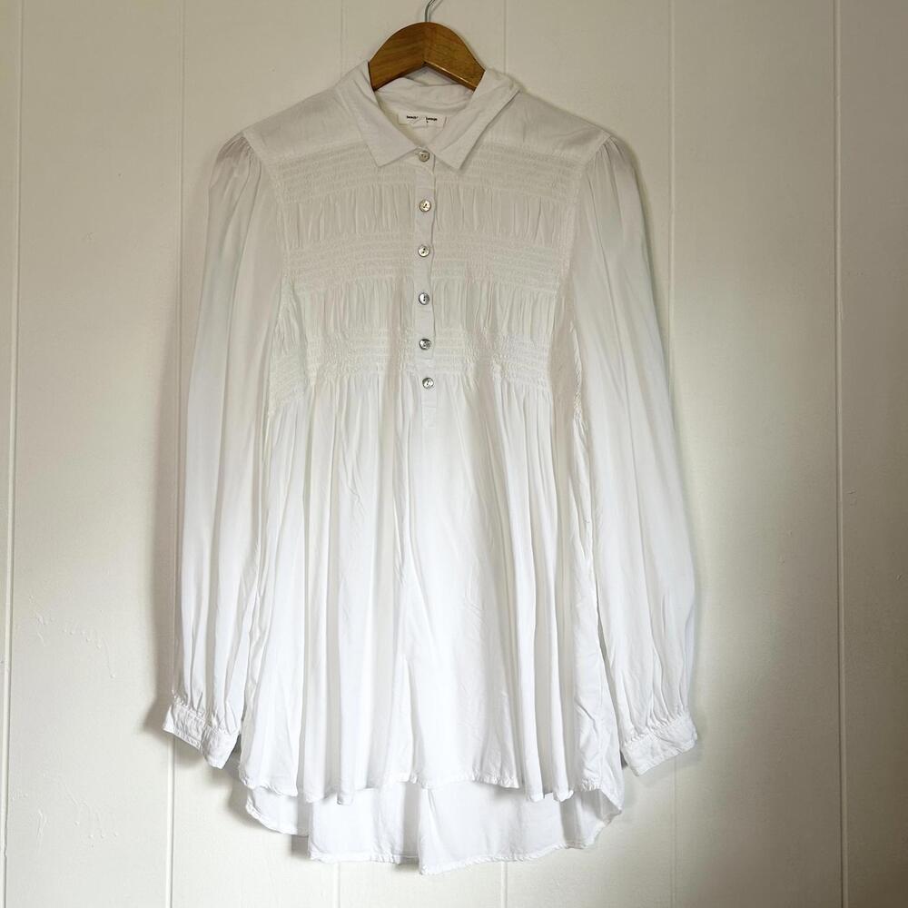 Beach Lunch Lounge White Button Up Scrunch Long Sleeve Blouse Women's Large